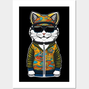 Cute Cartoon Cat in Jacket, Cap, and Sunglasses 5 Posters and Art